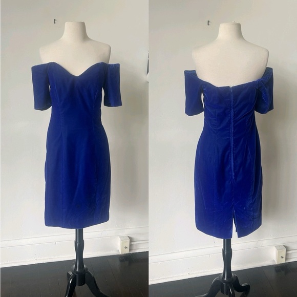 Vintage Off the Shoulder Blue Velvet Mini Dress 1990’s Velvet Dress - Picture 1 of 7